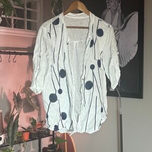 Grayson  Linen Button Up Shirt Womens XXL Blue Print 3/4 Sleeve Made‎ In Italy